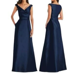 Alfred Sung Off The Shoulder Satin Navy Maxi Gown New Retails $239